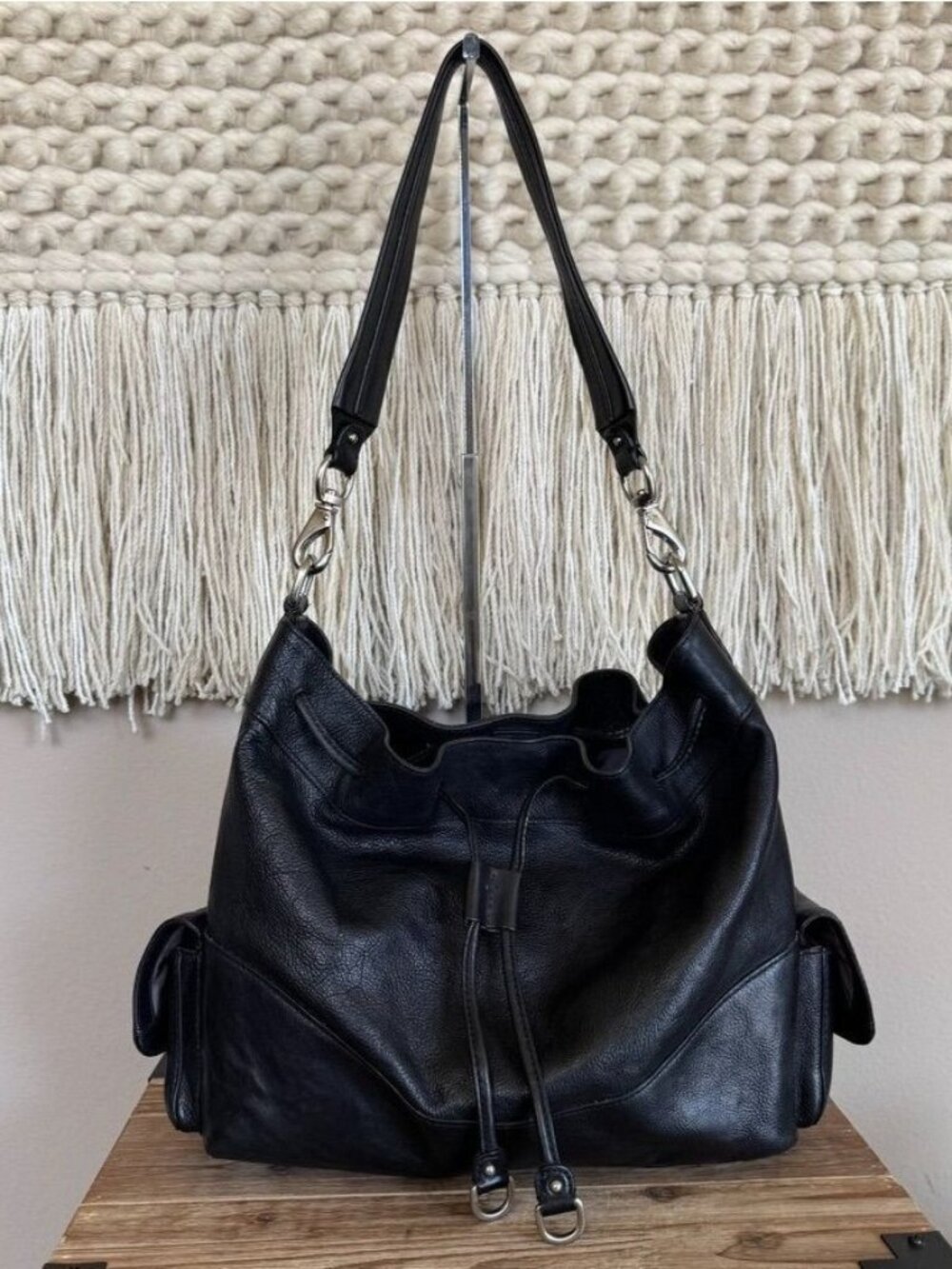 Cole Hann Black Leather Silver Hardware Cargo Pocket Large East West Hobo Bag